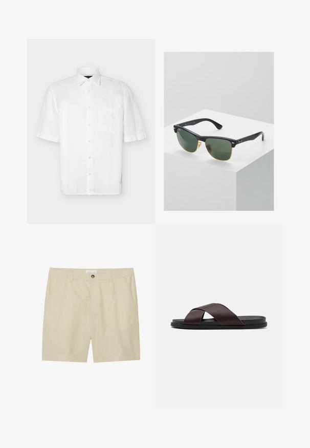 Chemise blanche à manches courtes avec col pointu et poche poitrine, présentée sur un fond clair uni.; Shorts beiges en tissu léger, avec un devant plat, des poches latérales et une fermeture à un bouton à la taille.; Sandale à glissière à lanières croisées de couleur marron, dotée d'une finition mate, d'une semelle noire plate et d'une texture lisse. Design minimaliste sans matériel visible.; Lunettes de soleil Ray-Ban avec des verres verts, monture en plastique noir et accents dorés sur les bords. Forme carrée avec une finition mate.