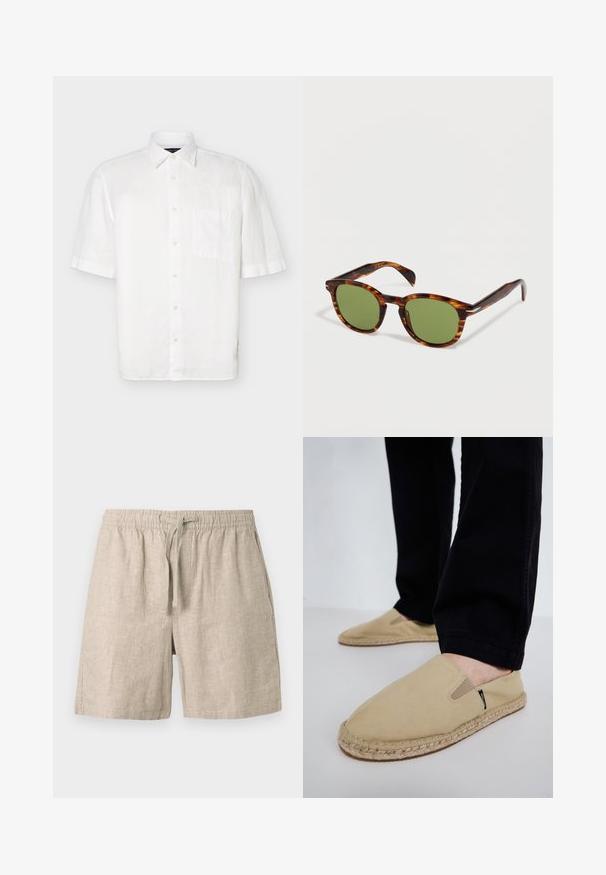 Chemise blanche à manches courtes avec col pointu et poche poitrine, présentée sur un fond clair uni.; Short en lin beige avec taille élastique et cordon ajustable, avec poches latérales et coupe décontractée.; Chaussures slip-on en toile beige avec des goring élastiques, semelle en corde de jute et coutures contrastantes. Portées avec un pantalon noir fuselé.; Lunettes de soleil en écaille de tortue avec des verres ronds verts reposant sur une surface blanche.