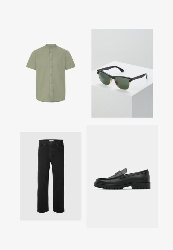 Chemise à manches courtes avec col en tissu vert clair, boutonnée sur le devant, avec une coupe droite et une texture subtile, sans motifs visibles.; Des jeans en denim noir à coupe droite disposent d'un design classique à cinq poches avec fermeture à bouton, de coutures minimales et d'une texture douce.; Mocassins en cuir noir à bout arrondi, avec un design cousu, une semelle plateforme basse et une semelle en caoutchouc texturée et crantée.; Lunettes de soleil Ray-Ban avec des verres verts, monture en plastique noir et accents dorés sur les bords. Forme carrée avec une finition mate.