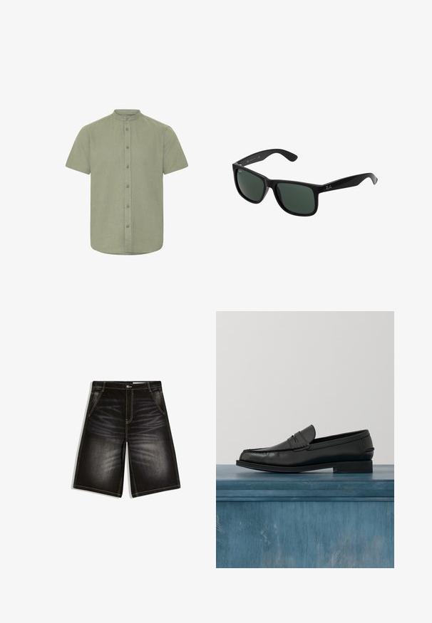 Chemise à manches courtes avec col en tissu vert clair, boutonnée sur le devant, avec une coupe droite et une texture subtile, sans motifs visibles.; Shorts en denim noir longueur genou avec poches avant, coutures blanches visibles, fermeture par bouton, et texture délavée sur les cuisses.; Mocassins noirs en cuir avec un design élégant, comportant un bout cousu et une finition lisse. La chaussure possède un talon bas et un minimum de détails.; Lunettes de soleil en plastique noir avec des verres verts, présentant une monture carrée, une finition lisse et le logo Ray-Ban bien visible sur les branches.