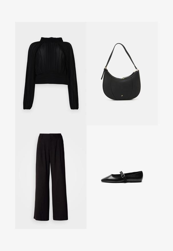 Top negro corto con textura plisada, mangas largas, cuello alto y detalles recogidos en el dobladillo y los hombros.; Pantalones de pierna ancha negros, confeccionados en una tela suave, con pliegues en la parte frontal, una cinturilla ajustada y sin patrones o acentos visibles.; Zapato plano negro de cuero con punta afilada, correa ajustable con hebilla de metal, textura suave y diseño minimalista.; Bolso de mano de cuero negro con forma curva, superficie texturizada, costuras frontales y un logo en tono dorado. Cuenta con una sola correa ajustable.