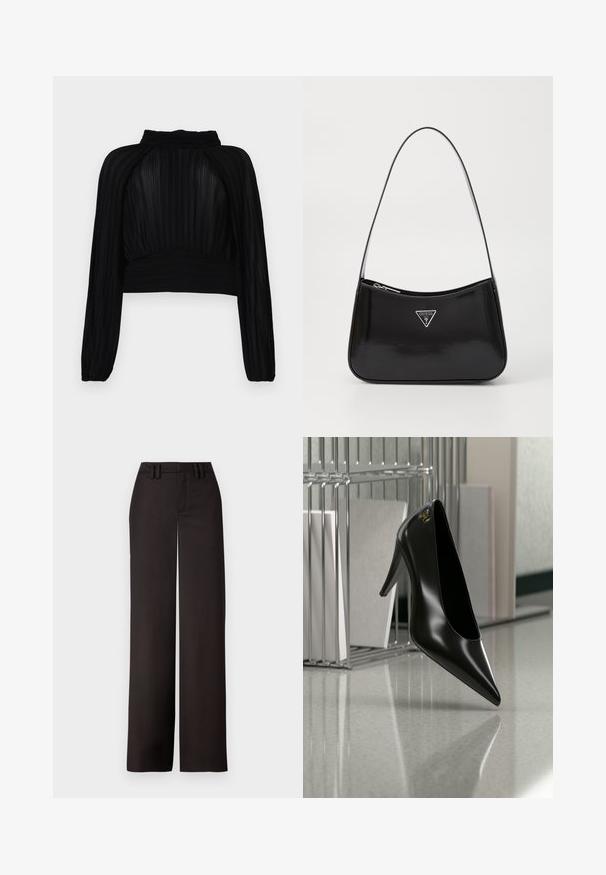 Top negro corto con textura plisada, mangas largas, cuello alto y detalles recogidos en el dobladillo y los hombros.; Pantalones anchos negros con una parte delantera plana, presillas para cinturón y una textura suave, diseñados para un ajuste entallado. Sin hardware ni patrones visibles.; Zapato de tacón alto negro con punta afilada y logo dorado, colocado sobre una superficie reflectante cerca de un organizador de archivos de alambre cromado con documentos.; Bolso de hombro de charol negro con forma curva, que presenta un logotipo triangular plateado y un cierre de cremallera. Textura suave y correa delgada.
