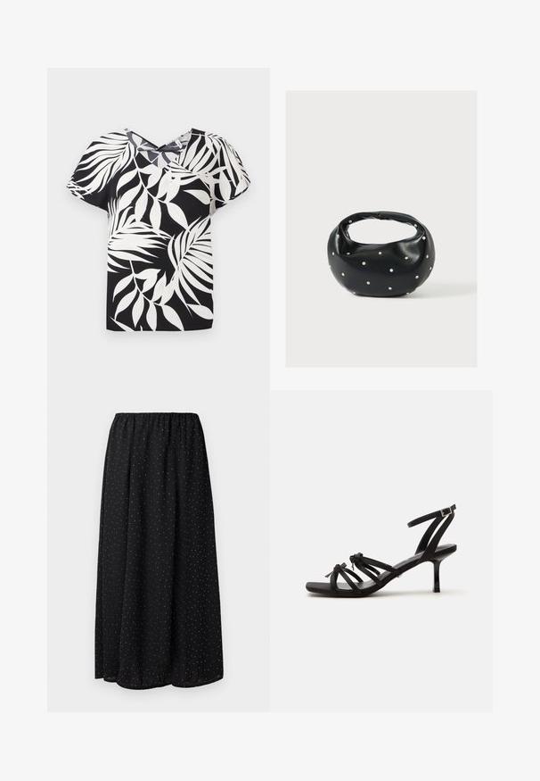Blouse noire à manches courtes avec un motif de feuilles blanches, présentant un décolleté en V et un tissu texturé.; Jupe noire en tissu léger avec une taille froncée. Elle présente un motif de petits pois blancs sur l'ensemble du tissu.; Sandale noire pour femme à brides, petit talon kitten, bout carré, bride à boucle à la cheville et petits nœuds décoratifs sur les brides avant.; Sac à main en cuir noir de forme arrondie, décoré de clous argentés et équipé d'une poignée courte. Texture lisse et fermeture éclair.