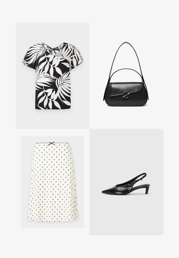 Blouse noire à manches courtes avec un motif de feuilles blanches, présentant un décolleté en V et un tissu texturé.; Jupe blanche trapèze à pois noirs, un petit nœud noir à la taille, et un bord festonné le long du bord supérieur.; Escarpin à bride arrière en cuir noir avec un bout pointu, un petit talon et une sangle à boucle réglable. Texture lisse avec un minimalisme dans les détails.; Sac à bandoulière en cuir noir avec un rabat incurvé fermé par un fermoir métallique rond et une sangle fine et ajustable.