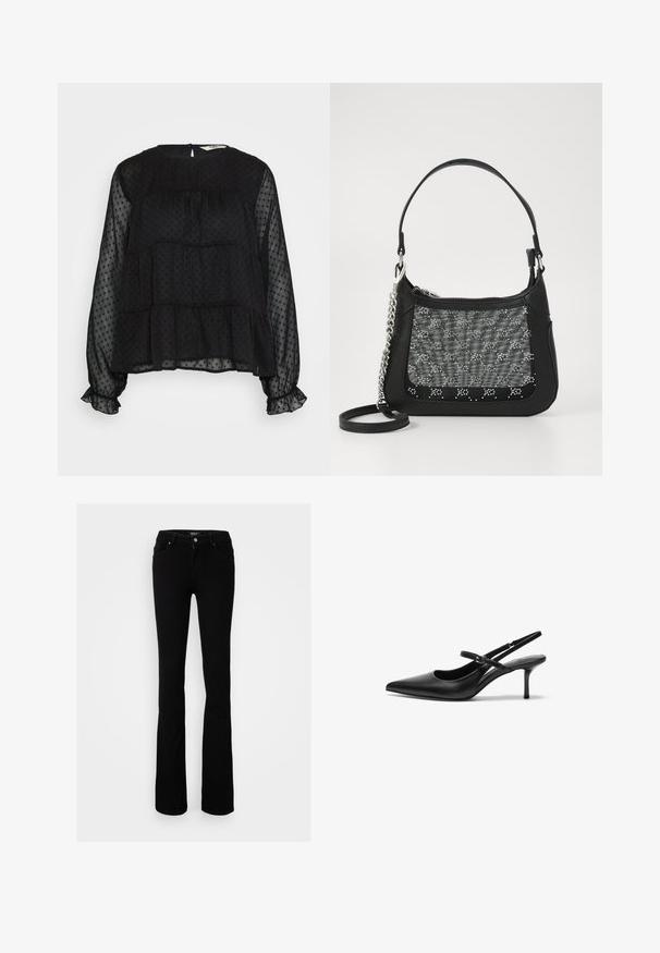 Sort gennemsigtig bluse med prikket tekstur, lange puffede ærmer, flæser ved håndleddene og en rund halsudskæring med knaplukning bagpå.; Sorte stræk denim flared jeans med knaplukning, fire lommer og en glat overflade, designet til en tætsiddende silhuet.; Sorte læder slingback hæle med spids tå, slank justerbar rem og en stiletto hæl på cirka 5 cm, glat tekstur.; Sort håndtaske lavet af læder med et tekstureret gråt mønster og perlede accenter, der har en kæde og justerbar rem.