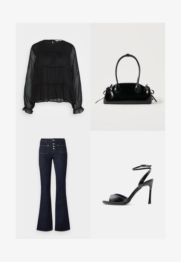 Sort gennemsigtig bluse med prikket tekstur, lange puffede ærmer, flæser ved håndleddene og en rund halsudskæring med knaplukning bagpå.; Mørkeblå jeans med høj talje og vidde ben, frontlukning med knapper, to forlommer og gule syninger på en lys baggrund.; Sort højhælet sandal med åben tå, tynd stilethæl og ankelrem med spænde på hvid baggrund.; Lille sort blank håndtaske med to lange håndtag og snøre-detaljer i siden på en ensfarvet lys baggrund.
