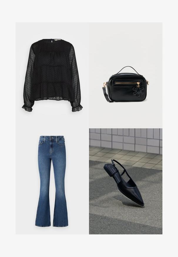 Must mustriga must blouse, millekese riidekattega, pikad puhv-kleepsuga varrukad, rõngakujulise kaelustega ja tagumise nööbiga sulgemisega.; Sinised laienevad teksapüksid kõrge vöökohaga, millel on tavapärane viie tasku disain ja nööpkinnitus. Pehme tekstuur kergete kulumisdetailidega.; Must terava ninaosaga rihmlakk king seisab asfaldipinnal, selle kõrval on plaaditud kõnnitee.; Kompaktne must nahast õlakott kuldse tõmblukuga, väikese ülemise sangaga, eemaldatava rihmaga ja musta lillekujulise ripatsiga esitaskul.