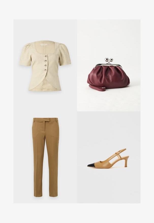 Blusa de lino beige con mangas cortas abullonadas, escote cuadrado y cinco botones en la parte delantera. Presenta un diseño de dobladillo superpuesto.; Pantalones marrones ajustados con una textura suave, diseño de pierna recta, bolsillos laterales y cintura con pasadores para cinturón.; Tacones slingback color tostado con puntera negra puntiaguda, con laterales recortados y tacón cuadrado de altura media. Material de cuero liso.; Pequeño bolso de mano de cuero burdeos con cierre metálico plateado y correa de muñeca sobre un fondo blanco.