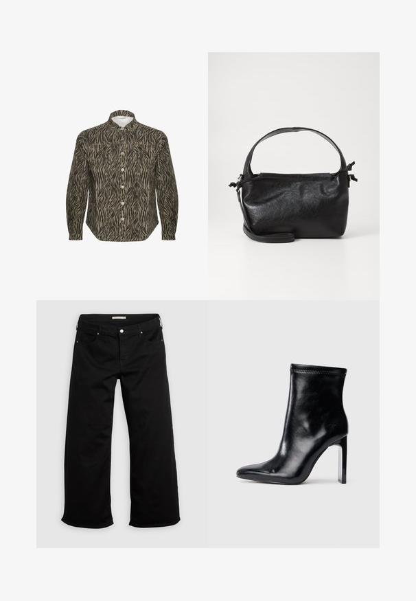 Chemise à boutons dans un motif zèbre beige et noir, avec un col structuré, des manches longues et des boutons avant bien en évidence.; Pantalon noir à jambes larges avec fermeture par bouton et fermeture éclair, passants pour ceinture, et poches avant et arrière sur un fond clair uni.; Bottine en cuir noir avec un bout pointu et un talon transparent haut. Texture lisse et finition minimaliste sur le dessus.; Sac à main en cuir noir au design structuré, avec une poignée arrondie et une bandoulière amovible. Présente une texture lisse et un éclat subtil.