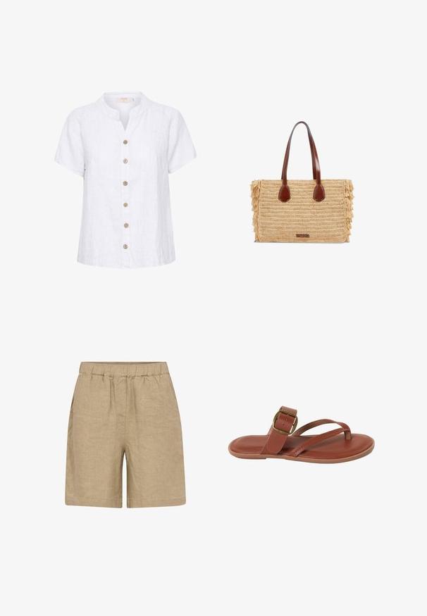Witte linnen shirt met een korte, ronde kraag, voorzien van een knoopsluiting met houten knopen en verticale stikdetails.; Beige, knielange, casual shorts met een elastische tailleband en zijzakken, gemaakt van een lichtgewicht linnenstof.; Bruine platte sandaal met dunne bandjes en een grote messing gesp op één bandje, ontworpen voor casual gebruik.; Rechthoekige geweven strohandtas met bruine leren handvatten en franjes aan de zijkanten, met een klein voorlabel.