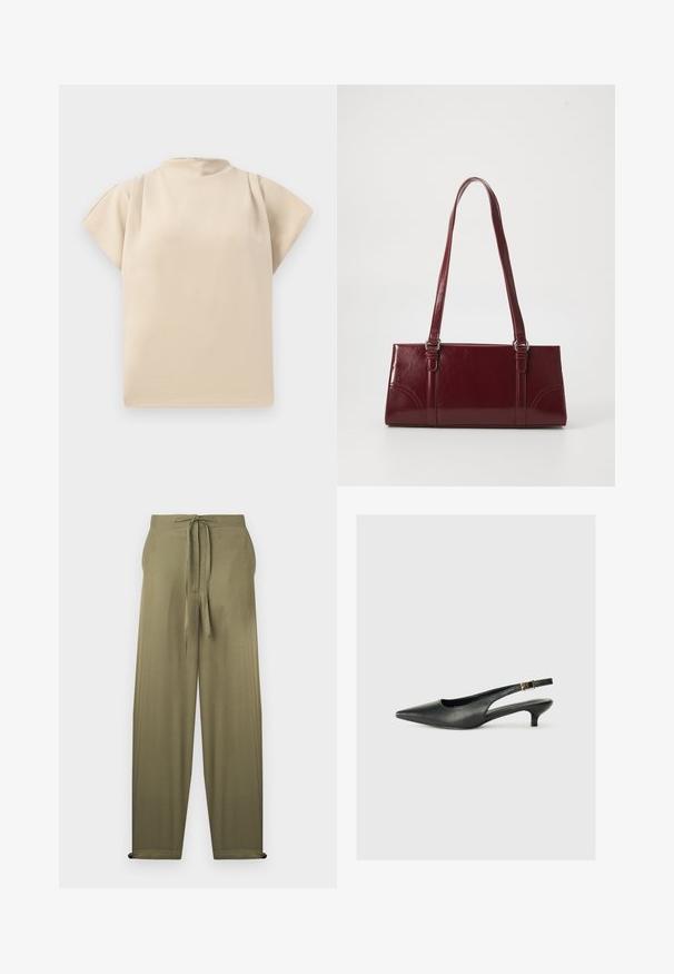 Haut beige à manches courtes avec un col montant et une coupe décontractée. Texture lisse avec un léger drapé au niveau des épaules. Design simple et minimaliste.; Pantalon ample vert olive à taille haute avec un cordon à nouer à l'avant, présentant des jambes droites et des poches latérales.; Chaussure slingback noire à bout pointu en cuir lisse. Présente un talon fin et un détail de boucle sur la sangle réglable.; Sac à main bordeaux en matériau brillant, de forme rectangulaire, avec deux anses et des accents légèrement courbés à l'avant.