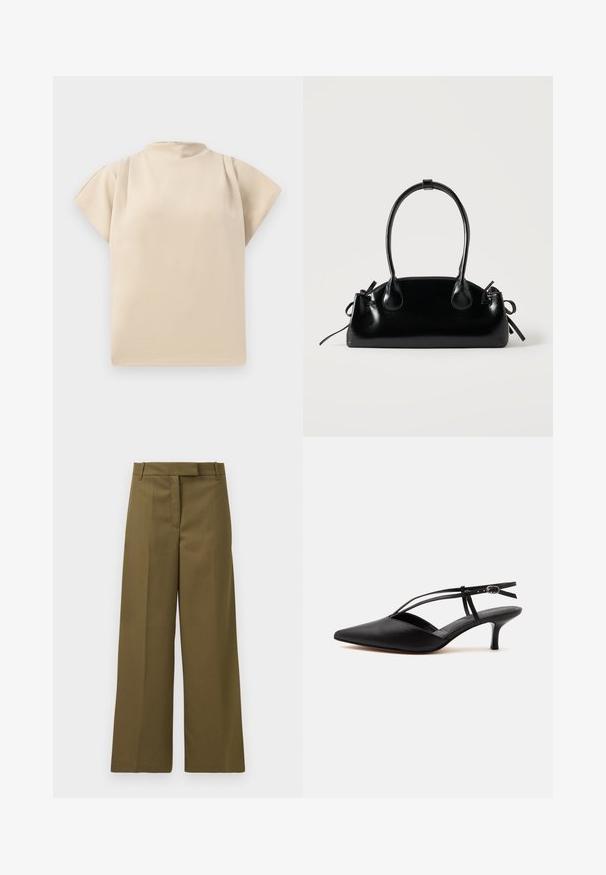 Haut beige à manches courtes avec un col montant et une coupe décontractée. Texture lisse avec un léger drapé au niveau des épaules. Design simple et minimaliste.; Pantalons larges en vert olive en tissu texturé avec un devant plat, des passants de ceinture et des poches latérales, offrant une coupe ajustée et des lignes épurées.; Escarpin noir en cuir à bout pointu avec petit talon kitten, fine bride de cheville avec boucle, design slingback, sur un fond uni clair.; Petit sac à main noir brillant avec deux longues anses et des détails à cordon sur les côtés sur un fond clair uni.