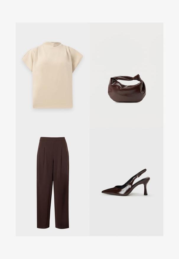 Top beige de manga corta con cuello alto y corte relajado. Textura suave con sutil drapeado en los hombros. Diseño simple y minimalista.; Pantalones de corte a medida, de cintura alta color marrón oscuro, con pinzas delanteras y perneras rectas, ligeramente estrechadas sobre un fondo liso.; Zapatos de tacón slingback de charol marrón con punta afilada, tacón delgado y correa ajustable con una pequeña hebilla.; Bolso de hombro de cuero marrón oscuro con una forma suave y caída, y un asa con nudo torcido sobre un fondo blanco liso.