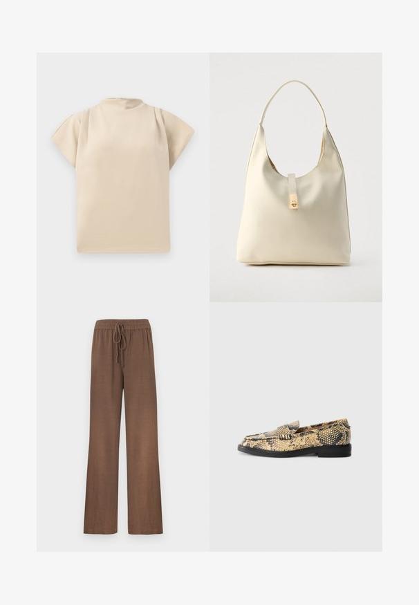 Haut beige à manches courtes avec un col montant et une coupe décontractée. Texture lisse avec un léger drapé au niveau des épaules. Design simple et minimaliste.; Pantalon en lin léger marron avec une coupe décontractée, doté d'une taille à cordon de serrage et de jambes larges. Texture lisse, sans motifs ni accents visibles.; Chaussure de type mocassin avec un motif en serpent beige et noir et semelle noire, présentée de profil sur un fond uni.; Sac hobo en cuir couleur crème avec une seule bandoulière, texture lisse et un détail de fermoir doré à l'avant.