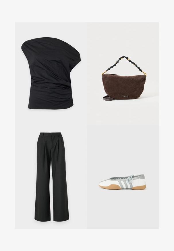 Top asymétrique noir à une épaule avec des fronces douces sur le côté, en tissu lisse.; Won Hundred CAMILLE TROUSERS - Pantalon classique - licorice; Ballerines blanches et grises avec un bout arrondi et un lacet élastique, présentant trois rayures grises, et une semelle en caoutchouc beige.; Sac à main en daim marron foncé avec poignée nouée noire et dorée et une longue bandoulière amovible sur fond blanc.