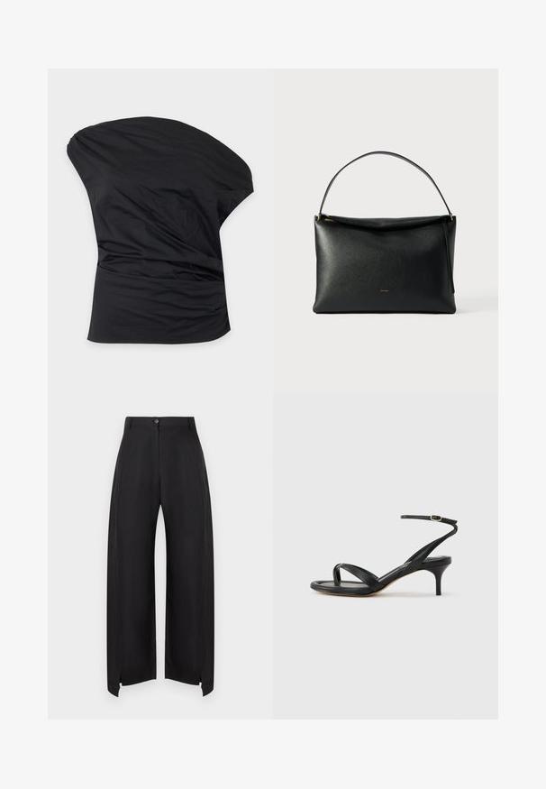 Top asymétrique noir à une épaule avec des fronces douces sur le côté, en tissu lisse.; Pantalon noir taille haute à jambes larges avec fermeture à boutons devant et petites fentes à l'ourlet sur un fond blanc uni.; Sandale pour femme en cuir noir avec fines lanières, une boucle d'orteil, une boucle à la cheville et un talon aiguille de hauteur moyenne sur un fond neutre.; Sac à main en cuir noir à texture lisse, avec une poignée courbée et un détail de fermeture éclair doré. Design minimaliste avec un logo discret.