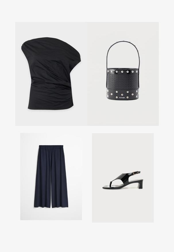 Top asymétrique noir à une épaule avec des fronces douces sur le côté, en tissu lisse.; Pantalon noir à jambes larges avec taille élastique, tombant droit jusqu'à la cheville, présenté sur un fond blanc uni.; Sandale pour femme en cuir verni noir, talon bloc bas, bout ouvert, bride arrière et petite boucle dorée sur fond uni.; Sac seau noir à texture tissée, avec des clous argentés en accents et une poignée fine. Présente un logo sur le devant et un fond en cuir lisse.