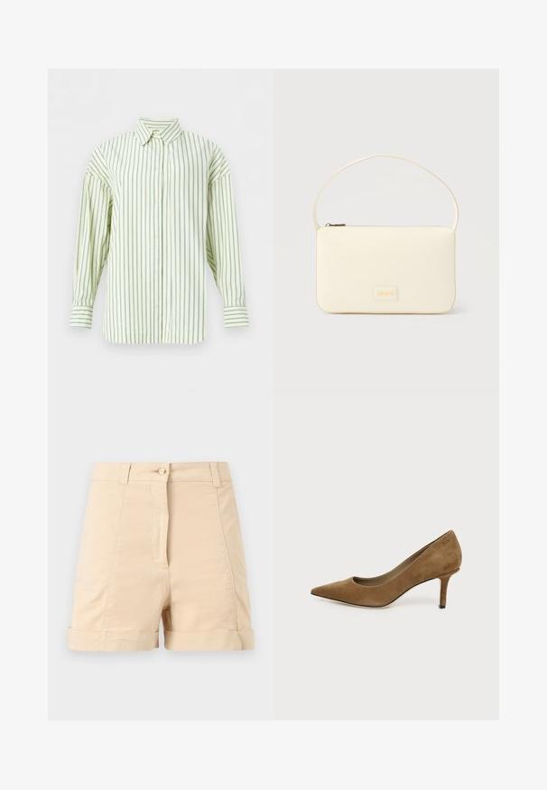 Chemise crème à manches longues avec fines rayures verticales bleues, fermeture avant à boutons et col pointu, présentée sur un fond blanc.; Shorts beige taille haute avec fermeture à bouton, passants pour ceinture, coutures avant surpiquées et ourlets repliés sur un fond gris clair.; Chaussure à talon haut en daim marron, bout pointu, avec un talon aiguille fin de hauteur moyenne sur fond blanc.; Sac à main rectangulaire de couleur crème avec une seule sangle et une fermeture éclair sur le dessus, comportant une petite plaque de logo embossé à l'avant.