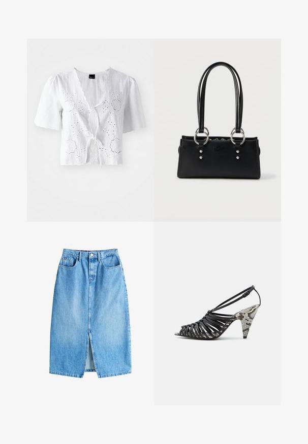 Hvid bluse i linned med korte ærmer, med hulbroderi og en frontlukning med bånd, scalloperet halsudskæring og kantdetaljer.; Lyseblå denimnederdel med en frontal slits, fem lommer og knaplukning. Har et klassisk lige snit og frynset kant.; Sort højhælet sandal med remme og ankelspænde samt hæl og indersål med slangeskinds mønster, åben tå, sidevisning på hvid baggrund.; Sort rektangulær håndtaske med dobbelthåndtag, sølvfarvede ringe som hardware og subtil præget logo foran mod en hvid baggrund.