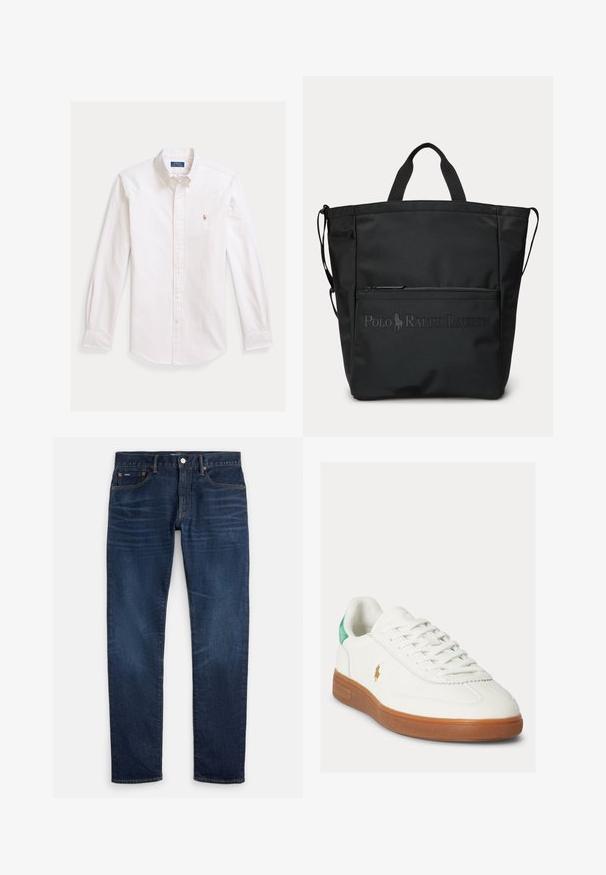 Wit overhemd met lange mouwen, dunne verticale strepen en klein geborduurd logo op de borst, plat uitgespreid op een lichte achtergrond.; Donkerblauwe slim-fit jeans met subtiele vervaging op de dijen, ontwerp met vijf zakken en een knoopsluiting in de tailleband.; Witte sneaker met veters, bruine rubberen zool, groene hieltab en klein goudkleurig polo-spelerlogo aan de buitenkant.; Zwarte tote tas met korte handvatten, voorvak met rits en geperst Polo Ralph Lauren-logo.