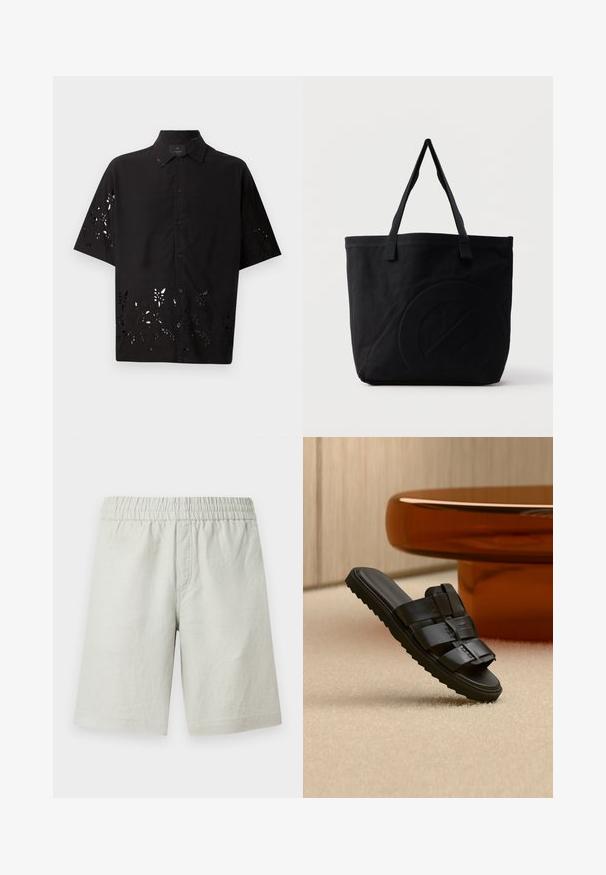 Camisa negra de manga corta con cuello y un patrón floral recortado en el dobladillo, con cierres de botón en la parte delantera y una textura suave.; Pantalones cortos gris claro hechos de tela texturizada, con cintura elástica y bolsillos en las costuras laterales; diseño de corte recto.; Sandalia tipo slide de cuero negro con tiras anchas y suela estriada sobre alfombra beige cerca de mesa de café redonda marrón.; Bolsa tote de lona negra con dos correas para el hombro y un diseño circular en relieve sutil en el frente.
