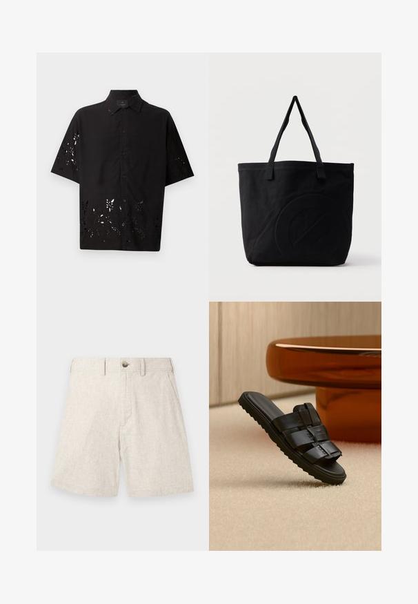 Sort kortærmet skjorte med krave, udskårne blomstermønstre langs kanten, knaplukning foran og en glat tekstur.; Lys beige linned shorts med tekstureret stof, der har lukning med knap foran, to sidelommer og en skræddersyet design.; Sort læder slid-sandal med brede remme og riller i sålen på beige tæppe nær brunt rundt sofabord.; Sort canvas-tote-taske med to skulderstropper og et diskret præget cirkeldesign på fronten.