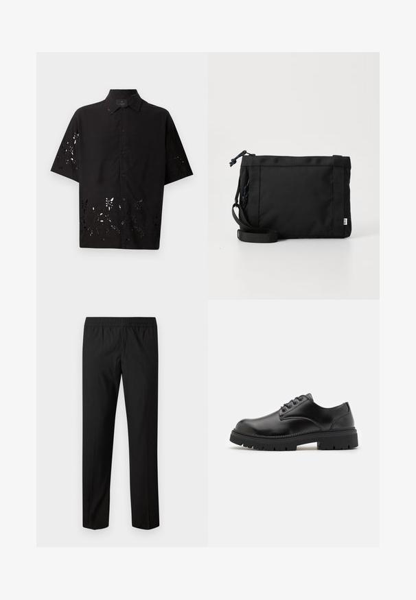Schwarzes kurzärmeliges Hemd mit kragenförmigem Halsabschluss und ausgeschnittenem Blumenmuster am Saum, mit vorderem Knopfverschluss und glatter Textur.; Schwarze Hose mit geradem Bein und elastischem Bund, ohne sichtbare Taschen oder Verzierungen.; Schwarze Lederschuhe mit runder Zehenform, Schnürdesign und einer dicken, strukturierten Gummisohle. Sie verfügen über eine Naht entlang des Randes und haben eine glatte Oberfläche.; Schwarze Stoff-Schultertasche mit texturiertem Äußeren, verstellbarem Schultergurt und Kordelzugverschluss. Verfügt über auffällige Nähte und ein seitliches Etikett.