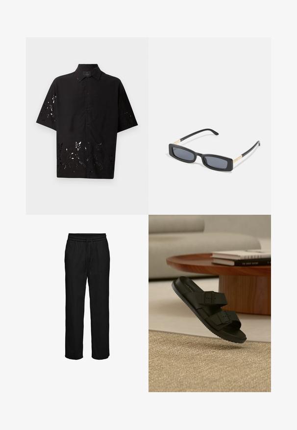 Camisa negra de manga corta con cuello y un patrón floral recortado en el dobladillo, con cierres de botón en la parte delantera y una textura suave.; Pantalones casuales negros con cintura elástica y cordón, con piernas rectas y bolsillos laterales.; Sandalia negra de doble tira con hebillas sobre alfombra beige tejida, mesa redonda de madera con libros apilados al fondo.; Gafas de sol rectangulares negras con lentes oscuros. Las varillas son delgadas y planas, con un acento dorado. Montura de plástico suave con un acabado mate.