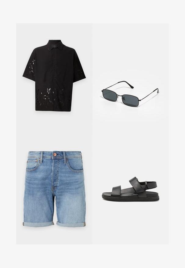 Camisa negra de manga corta con cuello y un patrón floral recortado en el dobladillo, con cierres de botón en la parte delantera y una textura suave.; Shorts de mezclilla azul claro con un corte clásico, dobladillo enrollado, bolsillos frontales y detalles de botones de cobre. Textura suave y diseño casual.; Las sandalias de cuero negro presentan dos correas anchas en el pie, una correa en el talón ajustable y una suela de goma texturizada para un mejor agarre.; Gafas de sol rectangulares negras con marco delgado de metal y lentes oscuros apoyadas sobre una superficie blanca.