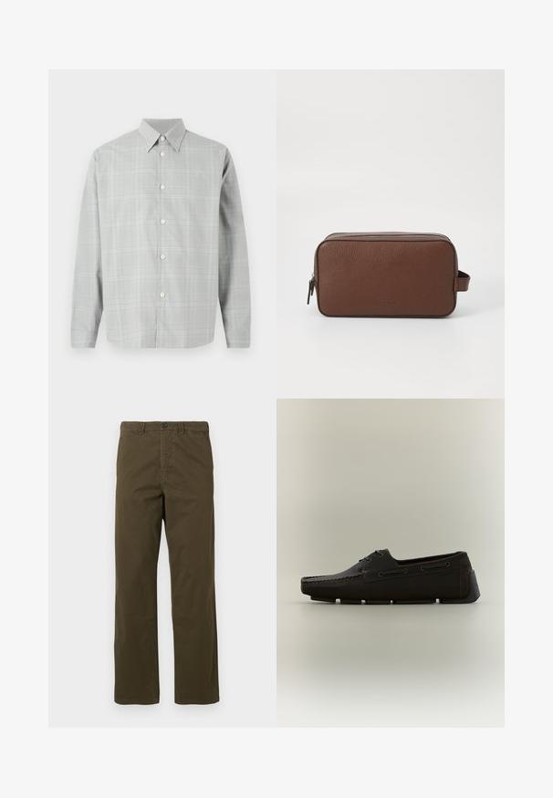 Grijze lange mouwen shirt met een licht geruit patroon, knopen aan de voorkant, puntige kraag en een gladde stofstructuur.; Heren rechte bruine katoenen broek met riemlussen, knoop aan de voorkant en ritssluiting tegen een lichte achtergrond.; Donkerbruine leren herenslipper met mocassinnaad en rubberen zool, zijaanzicht op een neutrale achtergrond.; Bruin leren toilettas met een gestructureerd oppervlak, ritssluiting en een handvat aan de zijkant. Rechthoekige vorm, gladde randen, minimale merkdetails.