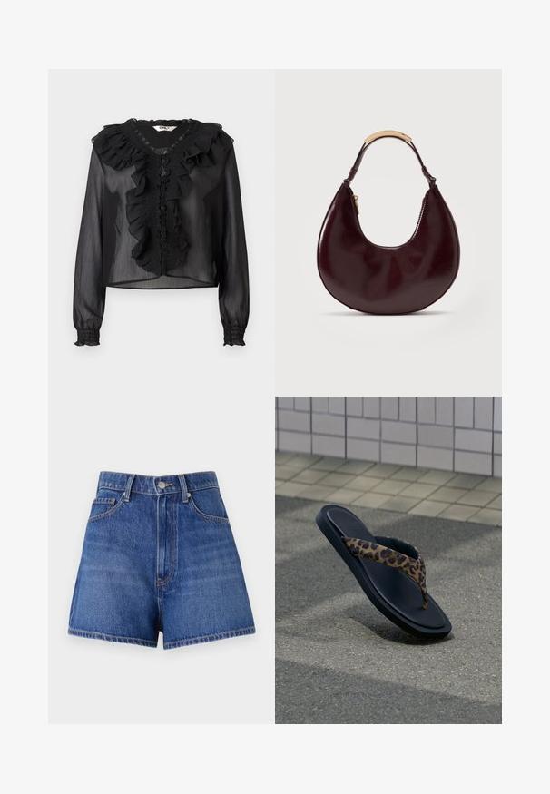 Sort gennemsigtig bluse med lange ærmer, flæseuddannelse ved halsudskæringen og frontplacket. Har smockdetaljer og elastiske manchetter. Letvægtsstof.; Højtaljede blå denimshorts med rå kant, fem-lomme design og kontrastfarvet orange syninger. Fremstillet af vævet bomuldsstof.; Sort flip-flop sandal med leopardmønstret stofrem, der flyder over asfaltbelægning nær flisebelagt væg.; Mørkebrunt læderhåndtaske i halvmåneform med en kort håndtag, der har en metalaccent i guldfarve og en sidelomme med lynlås.