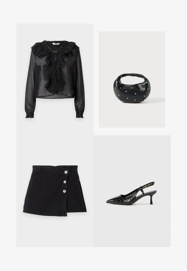 Zwarte doorschijnende blouse met lange mouwen, gerimpelde halslijn en een frontale placket. Bevat smocked details en elastische manchetten. Lichtgewicht stof.; Zwarte denim rok met een hoge taille, met een wikkeldesign, vijf zilveren knopen aan één zijde en twee zijzakken. Soepele textuur.; Zwarte slingback hakken met een spitse neus en een structuur van krokodillenembossing. Voorzien van een smalle enkelband en een kleine hak.; Zwarte leren handtas met een afgeronde vorm, versierd met zilveren studs, en een korte handgreep. Gladde textuur en ritsluiting.