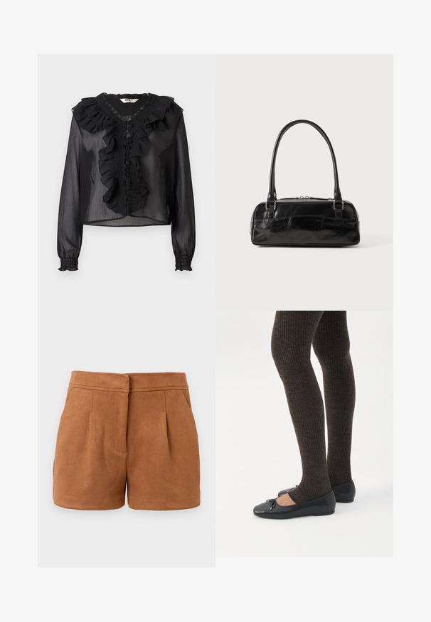 Blouse noire en dentelle transparente avec des manches longues, un col froncé et une patte de boutonnage à l'avant. Présente des détails smockés et des poignets élastiques. Tissu léger.; Shorts en faux suède brun avec un design ajusté, dotés de deux poches avant et de plis subtils, offrant une texture lisse et douce.; Jambes portant des leggings côtelés foncés associés à des ballerines noires avec de petits détails en nœud sur fond blanc.; Sac à main en cuir noir de forme rectangulaire, doté d'une seule ansse structurée, de quincaillerie argentée et d'une fermeture éclair. Texture lisse.
