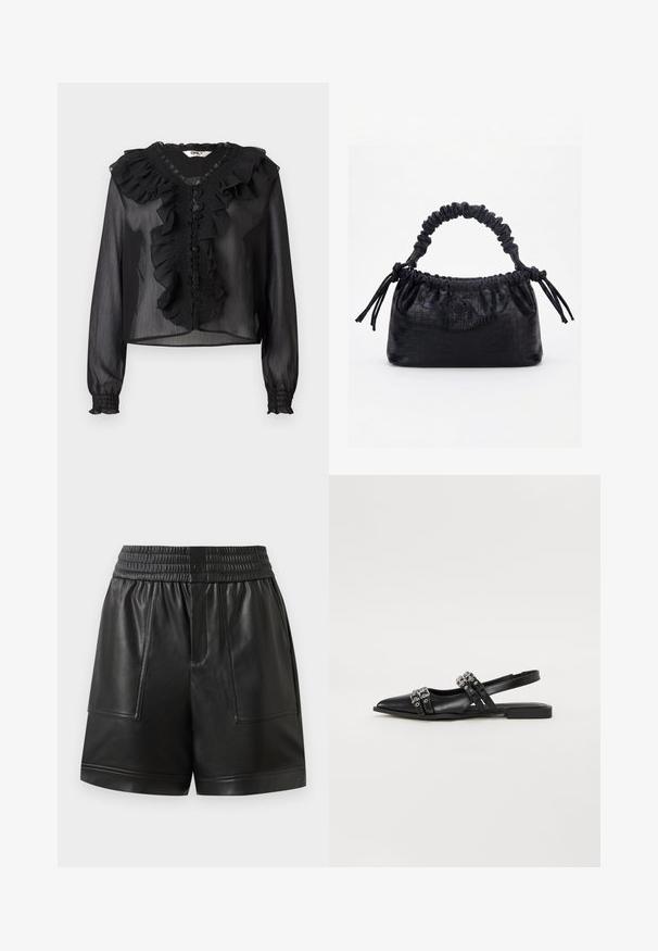 Zwarte doorschijnende blouse met lange mouwen, gerimpelde halslijn en een frontale placket. Bevat smocked details en elastische manchetten. Lichtgewicht stof.; Zwarte neplederen shorts met elastische tailleband, voorste drukknoop, grote voorzakken en rechte zoom.; Even&Odd by Zalando Slingback ballerina´s - black; Zwarte handtas met krokodillenstructuur, geplooide bovenrand, samengevoerde handgreep en koordtassels aan elke kant tegen een witte achtergrond.