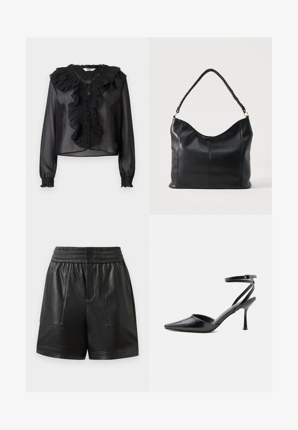 Blusa negra transparente con mangas largas, escote con volantes y placket delantero. Presenta detalles fruncidos y puños elásticos. Tela ligera.; Pantalones cortos de imitación cuero negro con cinturilla elástica, botón a presión en la parte delantera, grandes bolsillos de parche en la parte delantera y dobladillo recto.; Zapato de tacón alto negro de punta fina con delgadas correas en el tobillo y cierre de hebilla plateada sobre un fondo liso claro.; Bolso de hombro de cuero negro con asa retorcida y detalles de costura vertical sobre un fondo claro y liso.