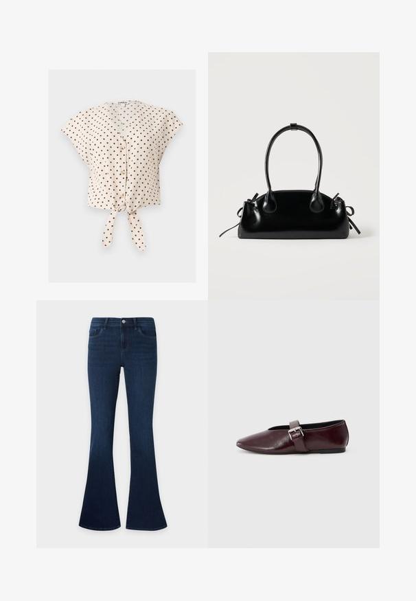 Blouse beige à manches courtes avec pois noirs, boutons sur le devant, col en V et détail de nœud noué à l'ourlet.; Jean en denim bleu foncé avec une taille haute et des jambes évasées, avec poches avant, passants de ceinture et fermeture par bouton.; Ballerines en cuir bordeaux avec un bout pointu, une semelle plate et une sangle décorative avec boucle sur le cou-de-pied. Texture lisse et brillante.; Petit sac à main noir brillant avec deux longues anses et des détails à cordon sur les côtés sur un fond clair uni.