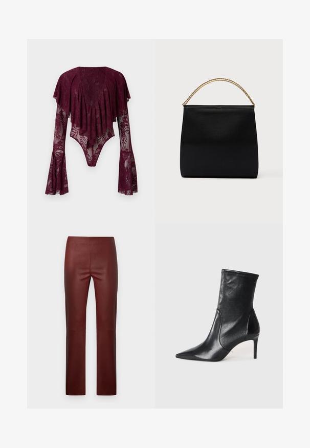 Body en dentelle bordeaux avec manches volantées, orné de motifs floraux, décolleté plongeant et texture transparente. Fermeture à pression en bas.; Pantalon en similicuir bordeaux à coupe slim, présentant une texture lisse, une coupe droite et aucun élément métallique ou accent visible.; Bottes noires à la cheville en cuir lisse, dotées d'un bout pointu, d'un tige ajustée et d'un talon haut fin. Design minimaliste sans quincaillerie visible.; Sac noir en tissu lisse, présentant une forme structurée, une poignée en chaîne dorée et un design géométrique minimaliste.