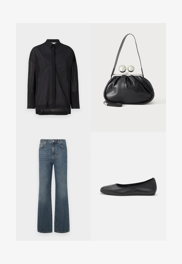 Zwarte langemouwen shirt met een knopsluiting kraag, doorschijnende stof, rechte snit en subtiele textuur met een voorpasontwerp.; Donkerblauwe denim jeans met een hoge taille, uitlopende pijpen en vijf zakken. Voorzien van een sluiting met knoop en ritssluiting. Soepele textuur.; Zwarte leren ballerina met een ronde neus, gladde textuur, minimale stikdetails en een flexibele zoolontwerp.; Zwarte leren handtas met een geplooid ontwerp, een enkele schouderband, zilverkleurige metalen omlijsting en twee grote ronde zilveren sluitingen.