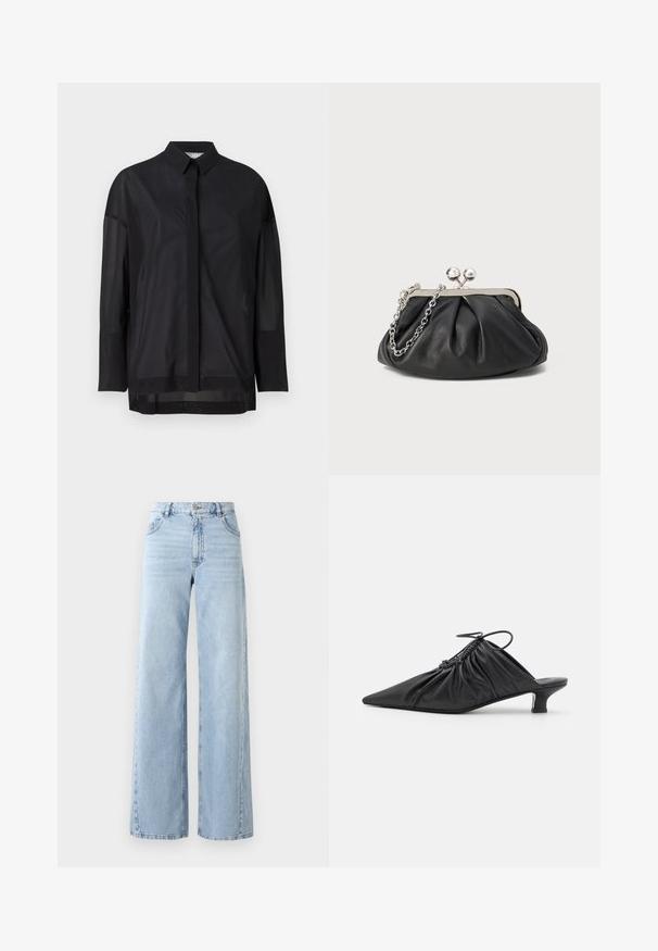 Schwarzes Langarmshirt mit Knopfkragen, transparenter Stoff, gerader Schnitt und subtiler Textur sowie einem frontalen Knopfdesign.; Weite helle blaue Jeans mit hoher Taille, fünf Taschen und ausgewaschenem Look. Verfügt über gesteppte Details und einen geraden Schnitt am Saum.; Schwarze Leder-Mules zum Hineinschlüpfen mit spitzer Zehe, geraffter Textur und kleinem Kitten-Heel. Verfügt über ein Zugbanddetail am Öffnung.; Schwarze Leder-Clutch mit geraffter Textur, silberfarbener Metallrahmen, Druckverschluss und Kettenriemen. Glatte, weiche Oberfläche.