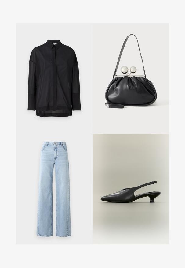 Schwarzes Langarmshirt mit Knopfkragen, transparenter Stoff, gerader Schnitt und subtiler Textur sowie einem frontalen Knopfdesign.; Weite helle blaue Jeans mit hoher Taille, fünf Taschen und ausgewaschenem Look. Verfügt über gesteppte Details und einen geraden Schnitt am Saum.; Schwarzer Slingback-Schuh aus Leder mit spitzer Zehenpartie und niedrigem Kitten-Heel vor neutralem Hintergrund.; Schwarze Ledertasche mit gerafftem Design, einem einzelnen Riemen, silbernem Metallrahmen und zwei großen runden silbernen Verschlüssen.