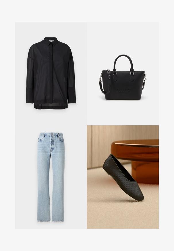 Schwarzes Langarmshirt mit Knopfkragen, transparenter Stoff, gerader Schnitt und subtiler Textur sowie einem frontalen Knopfdesign.; Hellblaue Jeans aus Denim mit hoher Taille, geraden Beinen, klassischem Fünf-Taschen-Design und subtilen Ausbleichungen überall.; Schwarzer, strukturierter Slip-on Ballerina, schwebend über beigem Teppich nahe einem runden Tischfuß in bernsteinfarbener Optik.; Schwarze synthetische Handtasche mit strukturierter Oberfläche, zwei kurzen Griffen, einem verstellbaren Schultergurt und geprägtem Logo auf der Vorderseite.