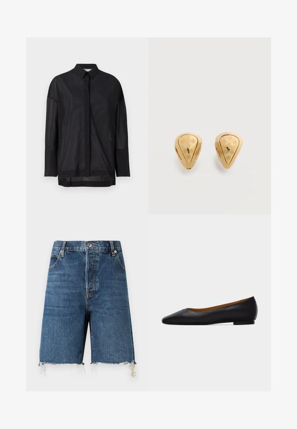 Must musternakk, millel on nööpidega krae, läbipaistev kangas, sirge lõige ja peen tekstuur koos esipaneeli disainiga.; FRAME THE LEISURE - Lühikesed teksad - blue; Mustast nahast terava ninaga madala kontsaga tasasel tallal king, nähtud küljelt helehallil taustal.; Kuldse tooniga pisarakujulised kõrvarõngad, millel on lihtsal taustal graveeritud lille- ja geomeetrilised mustrid.