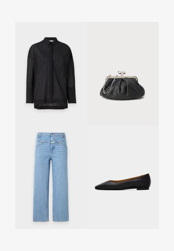 Schwarzes Langarmshirt mit Knopfkragen, transparenter Stoff, gerader Schnitt und subtiler Textur sowie einem frontalen Knopfdesign.; CLOSED STOVER - Jeans Relaxed Fit - light blue; Schwarzer flacher Schuh aus Leder mit spitz zulaufender Vorderkappe, niedrigem Absatz und glatter Oberfläche, von der Seite vor einem hellgrauen Hintergrund dargestellt.; Schwarze Leder-Clutch mit geraffter Textur, silberfarbener Metallrahmen, Druckverschluss und Kettenriemen. Glatte, weiche Oberfläche.