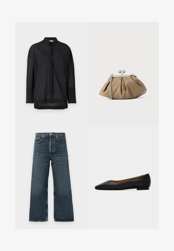 Sort langærmet skjorte med button-up krave, gennemsigtigt stof, lige snit og subtil tekstur med en frontplacket design.; Mørke denim brede ben jeans med knap- og lynlåslukning, udstyret med fem lommer og subtilt slid på stoffet.; Sort læder flad sko med spids tå, lav hæl og glat finish, vist fra siden på en lysegrå baggrund.; Læderclutch i blød beige med afrundet form, plisseret tekstur, sølvfarvet kiss-lock lukning og aftagelig kæderem.