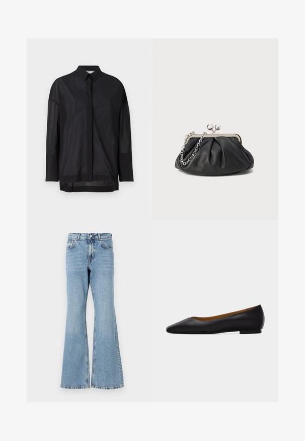 Sort langærmet skjorte med button-up krave, gennemsigtigt stof, lige snit og subtil tekstur med en frontplacket design.; Lys blå denim flared jeans med høj talje, featuring knaplukning, fem lommer og en falmet vask med subtile whiskers.; Sort læder flad sko med spids tå, lav hæl og glat finish, vist fra siden på en lysegrå baggrund.; Sort læder clutch med samlet tekstur, sølvfarvet metalramme, kys-lås lukning og kædestrop. Glat, blød overflade.