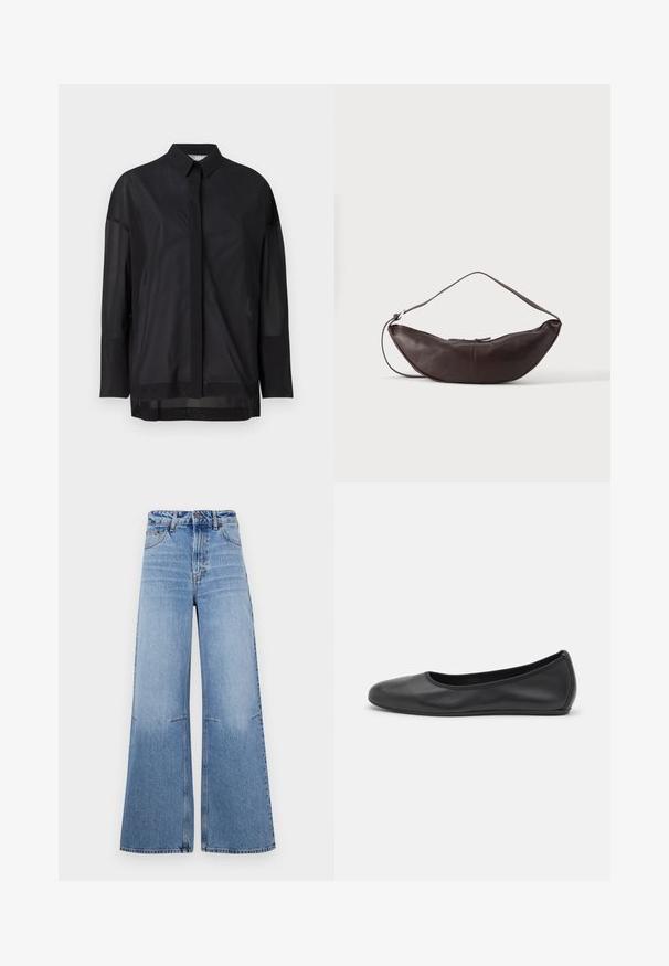Sort langærmet skjorte med button-up krave, gennemsigtigt stof, lige snit og subtil tekstur med en frontplacket design.; Lyseblå, brede denimjeans med høj talje, der har frontlommer og sømdetaljer, der løber lodret ned ad benene.; Sort læderballetsko med rund tå, glat tekstur, minimal syning og et fleksibelt såldesign.; Mørkebrun læder skuldertaske i halvmåneform med buet rem og synlige syninger på ensfarvet baggrund.