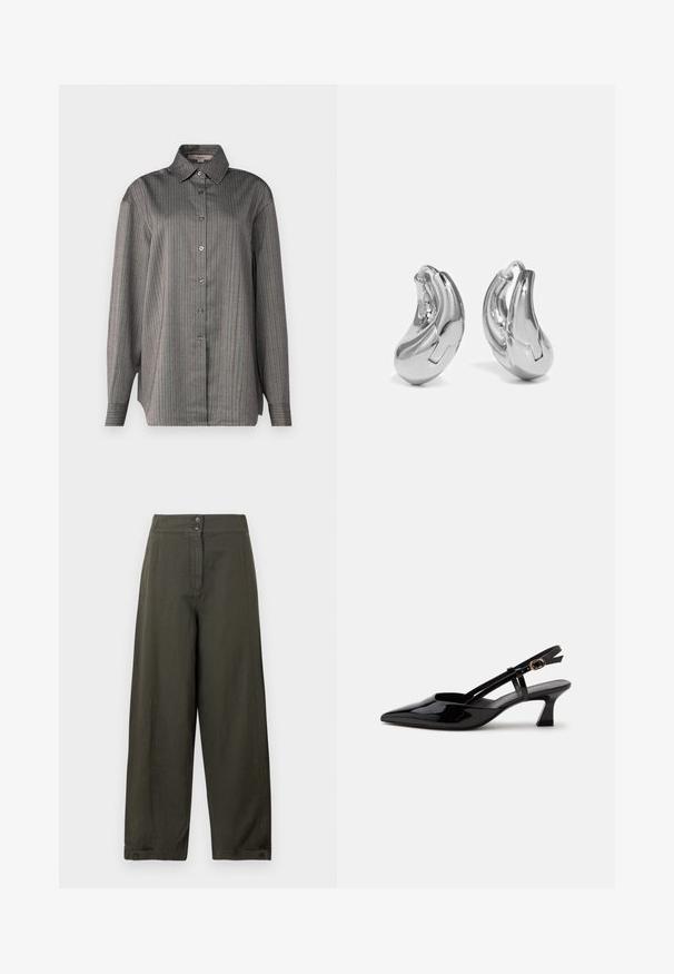 Chemise à manches longues en tissu gris avec des rayures verticales bleues et rouges. Dotée d'un col classique. Texture légère.; Pantalons larges en coton vert olive foncé, avec une fermeture éclair à l'avant, deux boutons à la taille et des revers roulés avec détail en bouton.; Chaussure slingback en cuir verni noir à petit talon, bout pointu et bride réglable avec boucle dorée sur fond blanc.; Boucles d'oreilles en argent en forme de créoles avec une finition incurvée et brillante, et un design sans couture. Équipées d'une fermeture à charnière pour un port sécurisé.