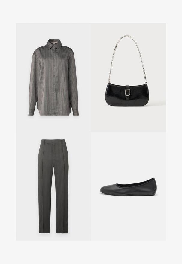 Chemise à manches longues en tissu gris avec des rayures verticales bleues et rouges. Dotée d'un col classique. Texture légère.; Pantalons gris ajustés avec une texture lisse, présentant deux plis avant, une taille plate et une ceinture propre sans poches extérieures.; Ballerines en cuir noir avec un bout rond, texture lisse, détails de couture minimalistes et design de semelle flexible.; Sac à épaule en cuir verni noir avec détail de boucle argentée et bandoulière en chaîne argentée, présenté sur un fond uni clair.