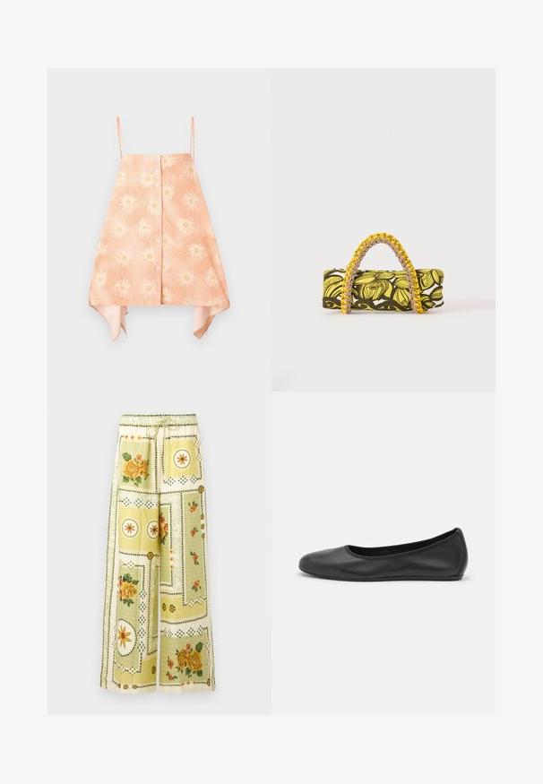 Haut sans manches de couleur pêche avec un devant à boutons, présentant un motif de soleil floral et un ourlet arrondi avec des accents de couleur contrastée.; Pantalon à jambes larges avec motifs patchwork floraux et géométriques jaune clair, ceinturé d'une bande élastique et d'un cordon de serrage.; Ballerines en cuir noir avec un bout rond, texture lisse, détails de couture minimalistes et design de semelle flexible.; Sac rectangulaire avec motif floral jaune et noir et anse tressée jaune et rose sur fond blanc.