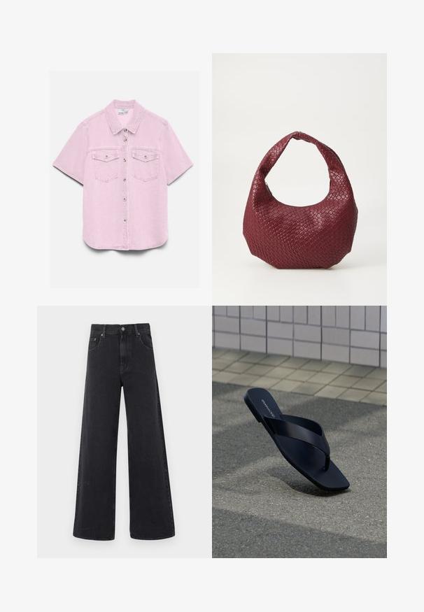 Chemise en denim rose clair à manches courtes, fermeture boutonnée devant, deux poches poitrine à rabat avec boutons, et col classique.; Jean en denim noir à taille haute, jambes larges, avec fermeture à boutons et zip à l'avant, passants pour ceinture, et design à cinq poches.; Sandale noire à lanière avec bout carré et nom de la marque sur la semelle, positionnée debout sur un pavement texturé près d’un mur carrelé.; Sac à main tissé bordeaux avec une silhouette arrondie, une seule poignée et une finition texturée. Fermeture zippée en haut.